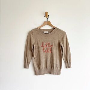 Loft Soft Pullover Brown Sweater Embroidered Hello Fall Ribbed hem line XS